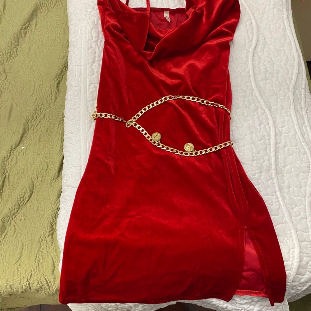 Red velvet dress with gold belt
